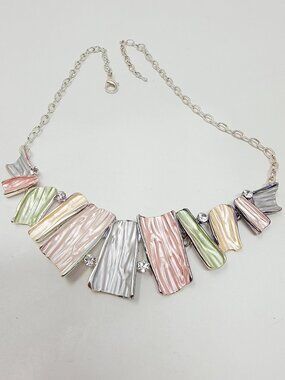 Pastel Enamel Abstract Panel Statement Necklace Silver Tone